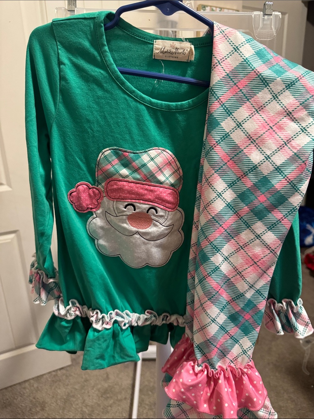 Girls Green Santa Appliqué Set with Pink Plaid Pants